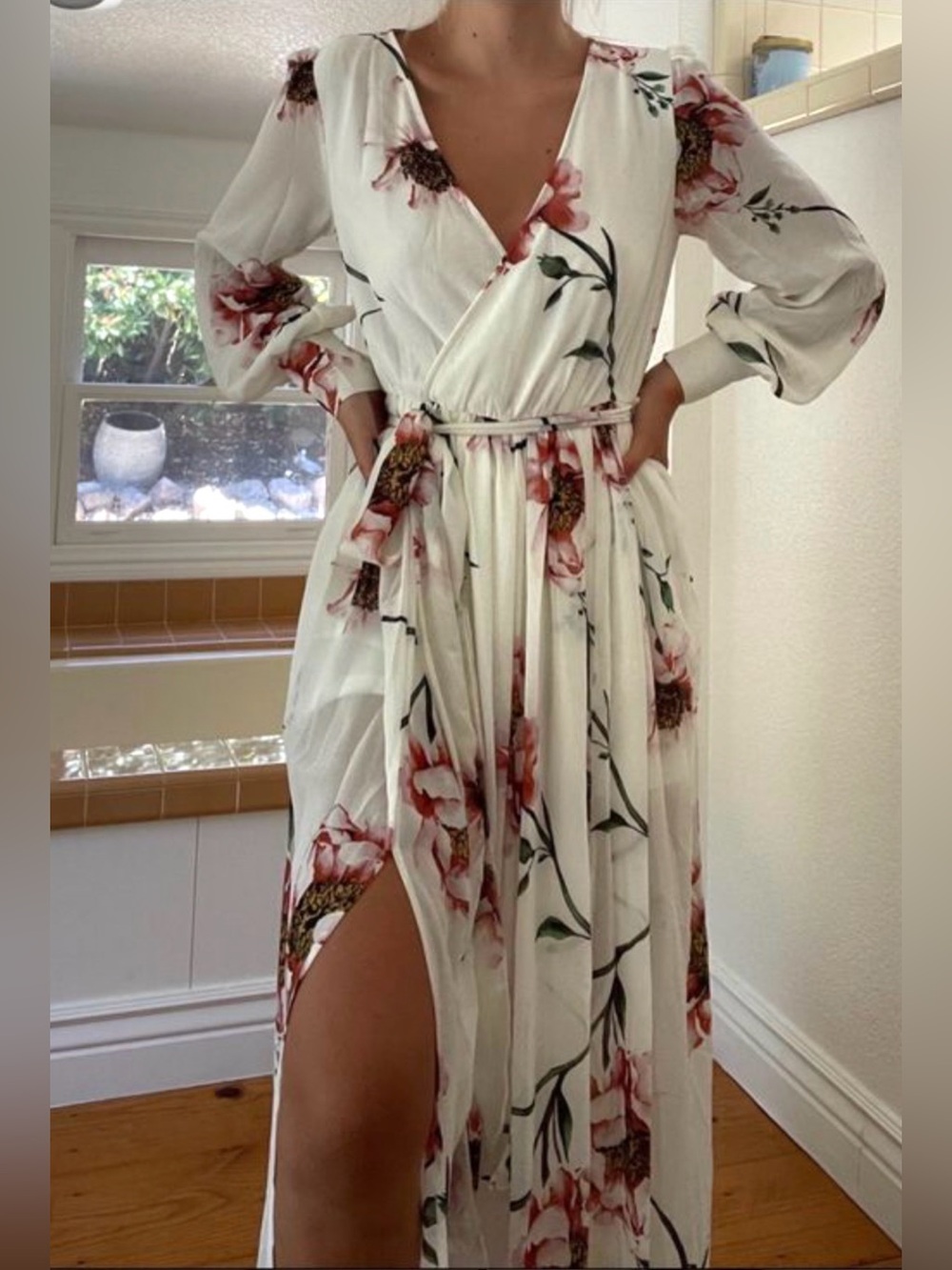 Fashion Nova Ivory Maxi Wrap Dress with Pink Floral Print